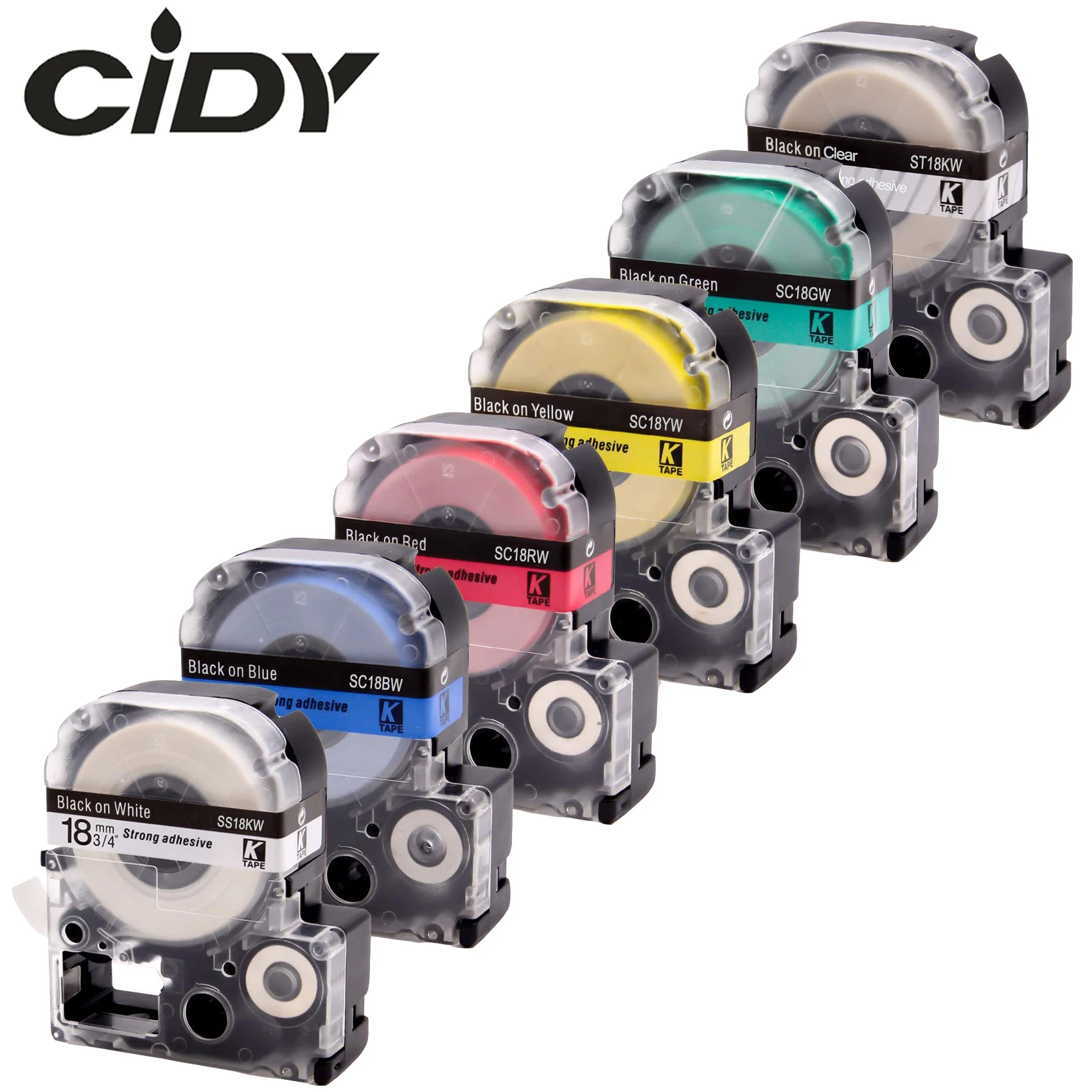 

CIDY 6pcs 18MM black on white ST18KW SS18KW SC18GW SC18YW SC18BW SC18RW label tape for kingjim/epson machine LW400 LW700 LW800