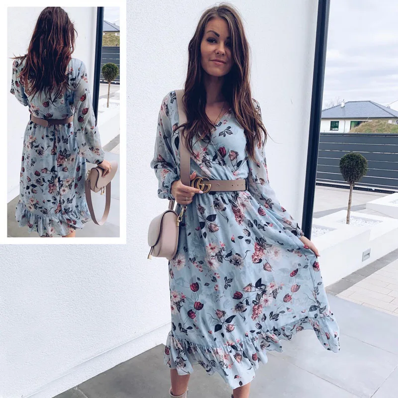 Женское длинное платье с цветочным принтом повседневное Пляжное Платье макси v