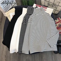 t shirts women long sleeve loose striped solid turtleneck womens t shirt all match simple leisure korean style trendy chic soft