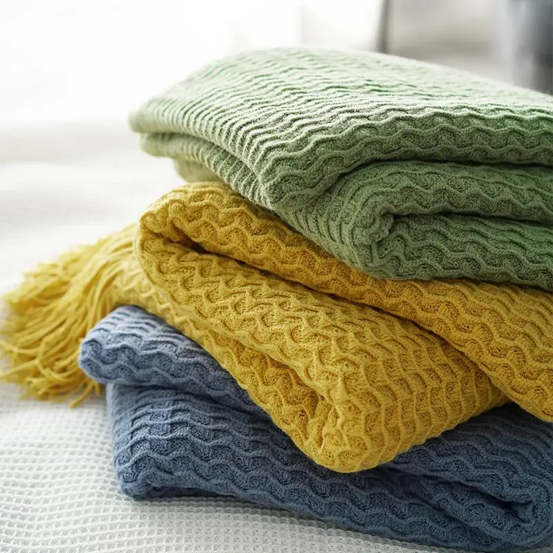 

Sofa Knitted Throw Travel Blanket Decor For Spring Summer With Tassel Air Condition Blankets Solid Colors Wave Bedspread Bedding