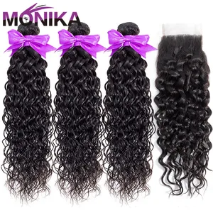 Monika волосы бразильские волнистые пряди с закрытием 30 дюймов Пряди человеческих волос с закрытием не-Реми волосы с пряди