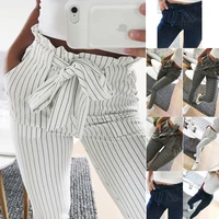 2021 women fashion casual ol pencil pants bow tie drawstring sweet elastic waist pockets casual trousers slim strip pants