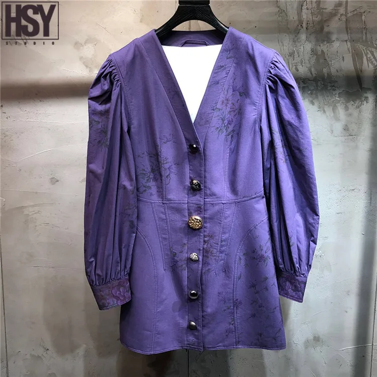 【HSY】2019 осень зима новые женские пышные рукава пуговицы украшения фиолетовый