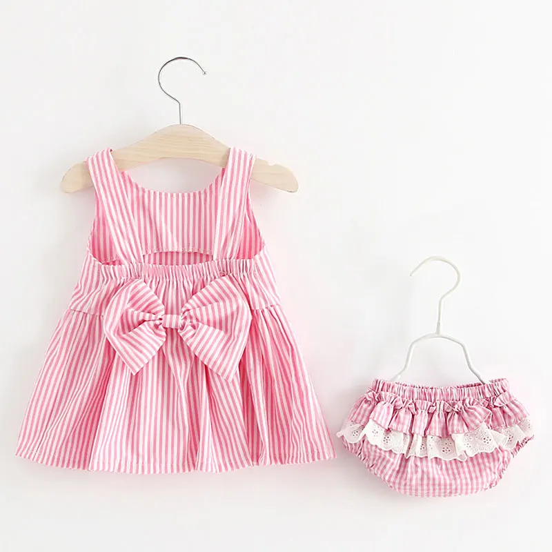 

Toddler Girls Casual Dress Infant Baby Summer Back Hollow Bowknot Bebes Vestidos Striped Dress With Lace Shorts Underwear Suit