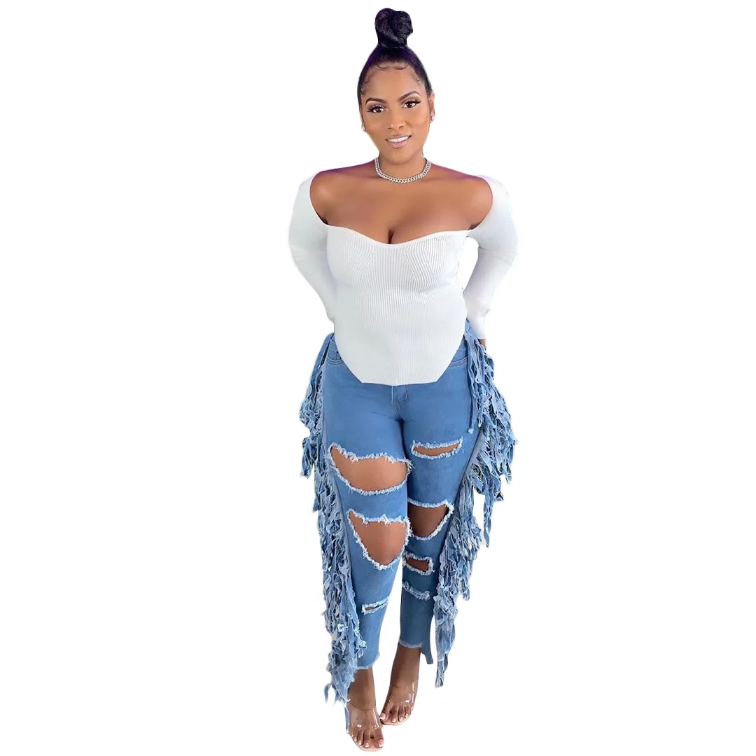 

Women Casual Ripped Jeans Long Pencil Pants Cowboy Side Tassels Trendy Distressed Denim Trousers Hole Hollow Out Slim Sweatpants