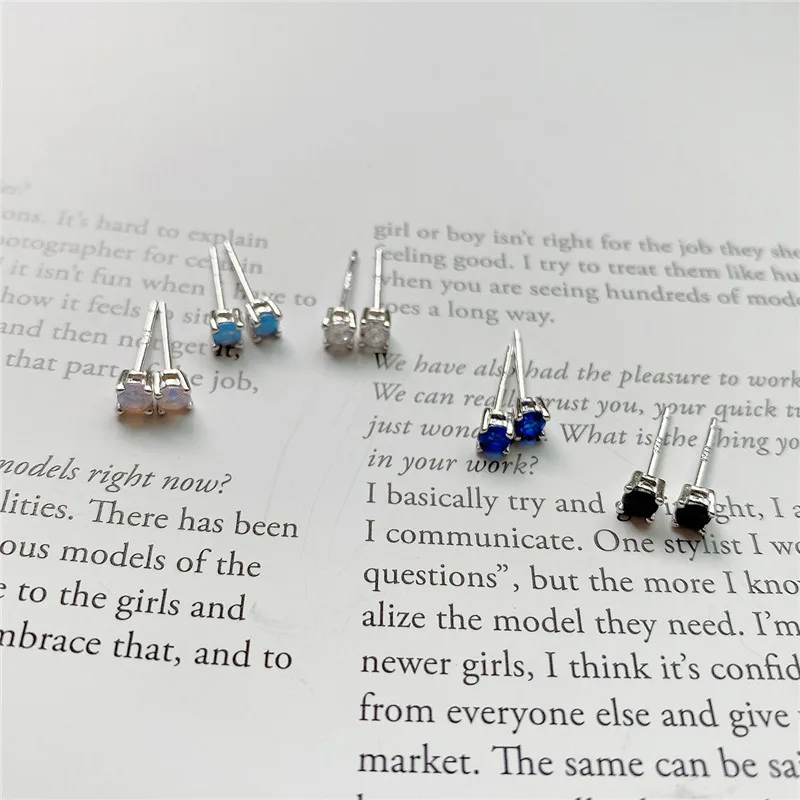 RUIYI Real 925 Sterling Silver Geometric Vintage Fashion Stud Earrings Women Pink Light Blue Black White Zircon Chic Ear Studs | Украшения