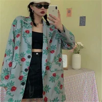 new retro rose pattern soft suit jackets women fall casual loose oversize females bleazers bf plus size harajuku streetwear