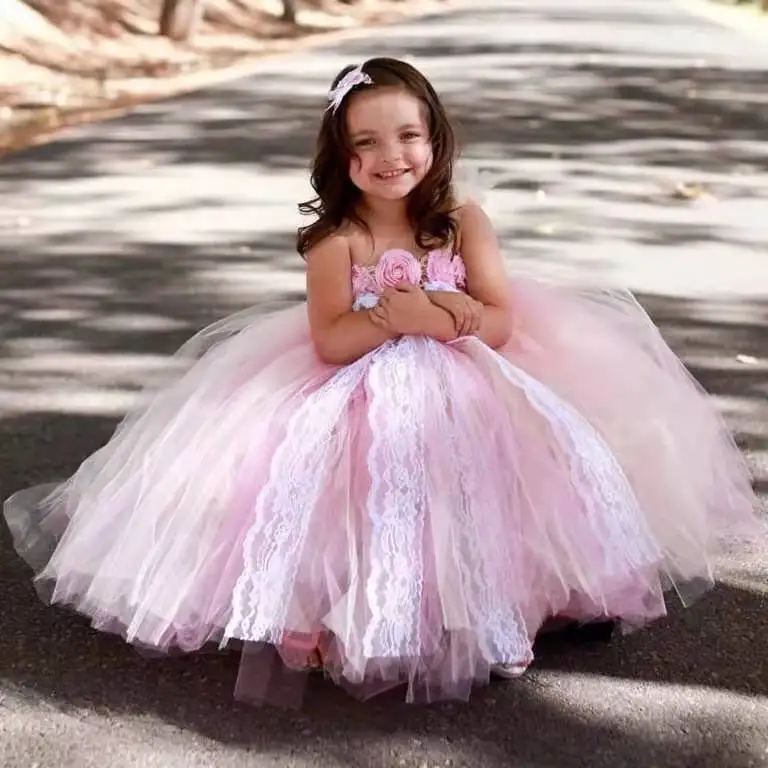

Розовое Кружевное Платье-пачка для маленьких девочек с цветами, детское вязаное фатиновое платье, бальное платье, платья с жемчужинами и ро...