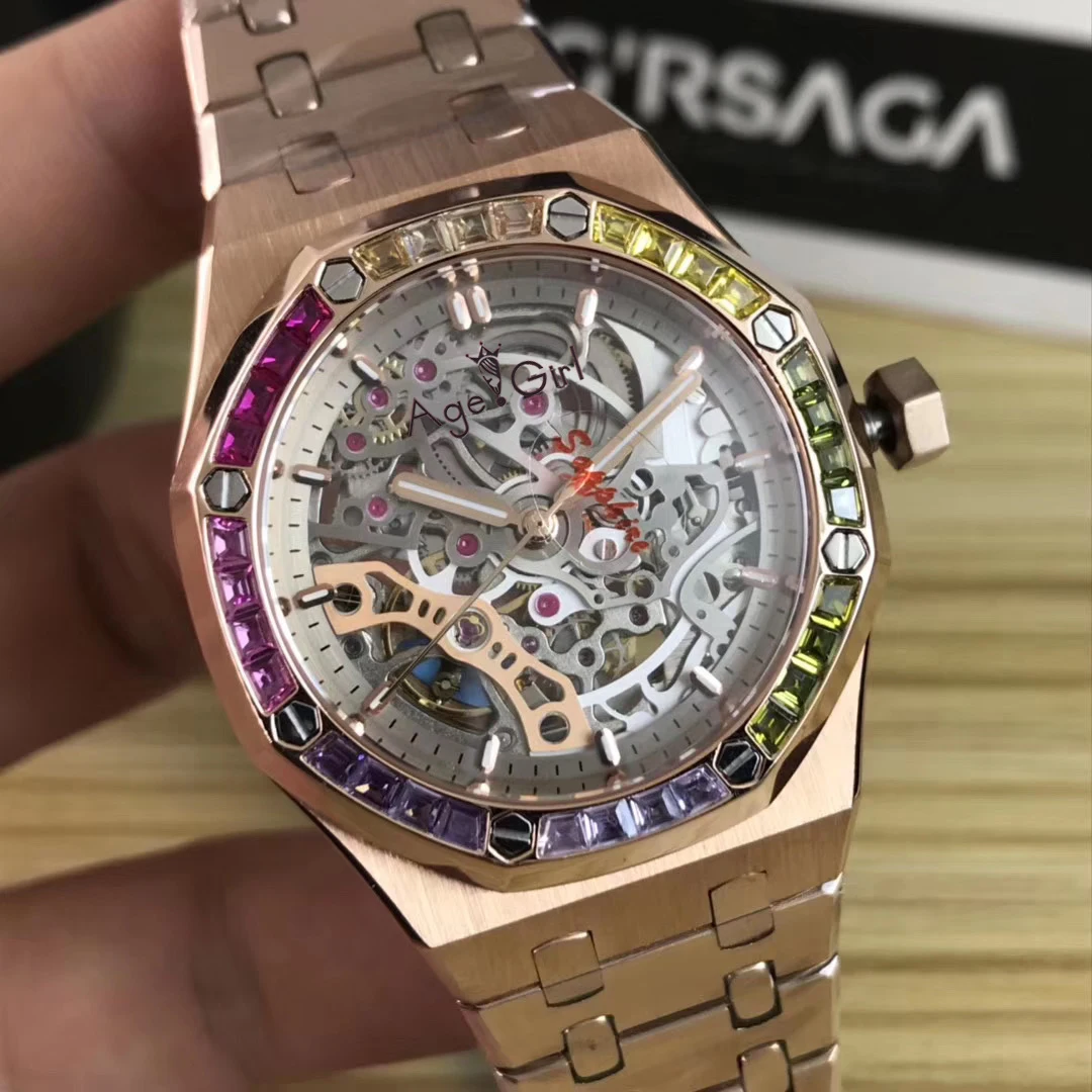 

Classic New Women Rose Gold Automatic Mechanical Sapphire Steel Rainbow Red Blue Green Diamonds Watch Tourbillion Skeleton