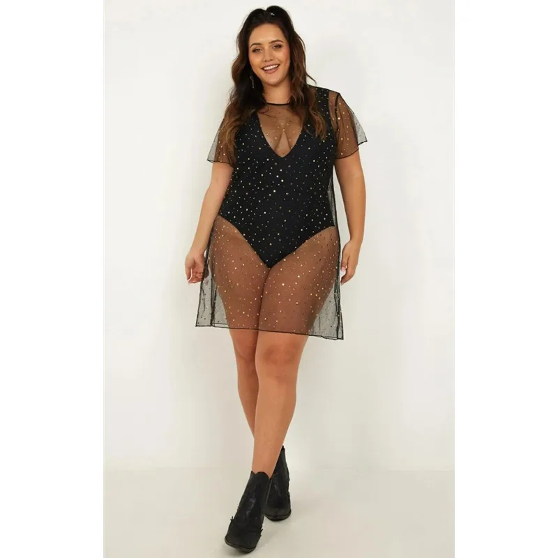 Новинка 2019 пляжная одежда женский черный купальник с блестками накидка