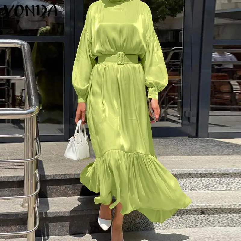 

VONDA Women Party Dress Ladies 2023 Autumn Spring Long Lantern Sleeve High Neck Solid Color Dresses Oversize Beach Vestidos Robe