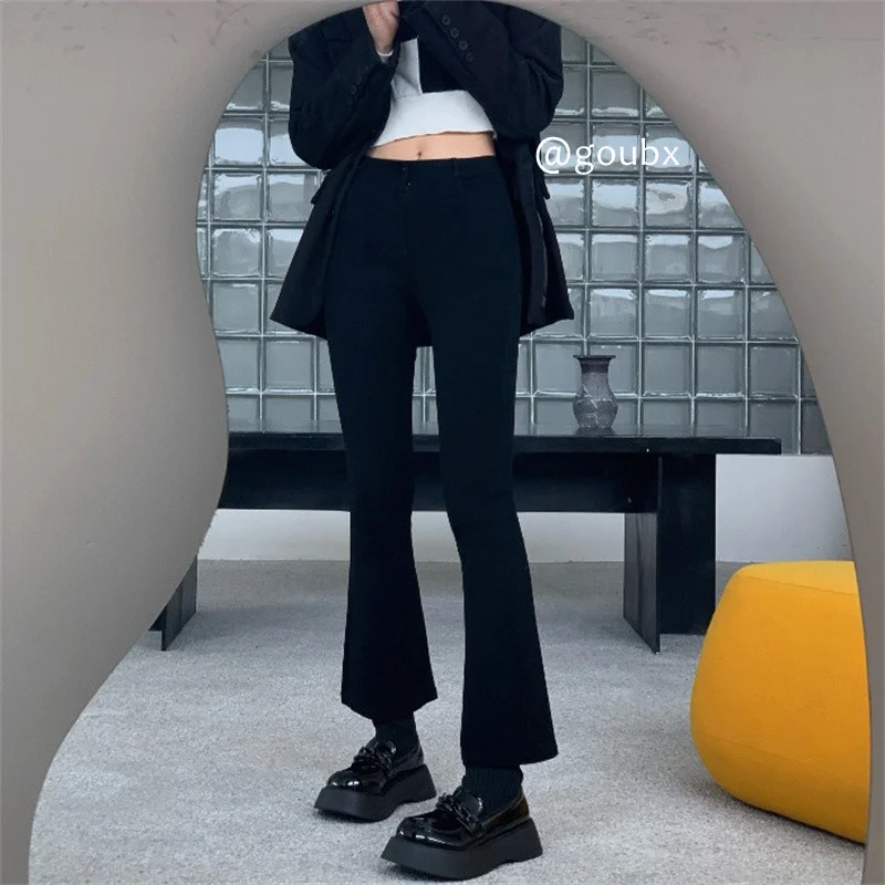 

Новинка 2021, черные укороченные повседневные брюки с высокой талией, женские дизайнерские облегающие уличные расклешенные брюки для похуде...