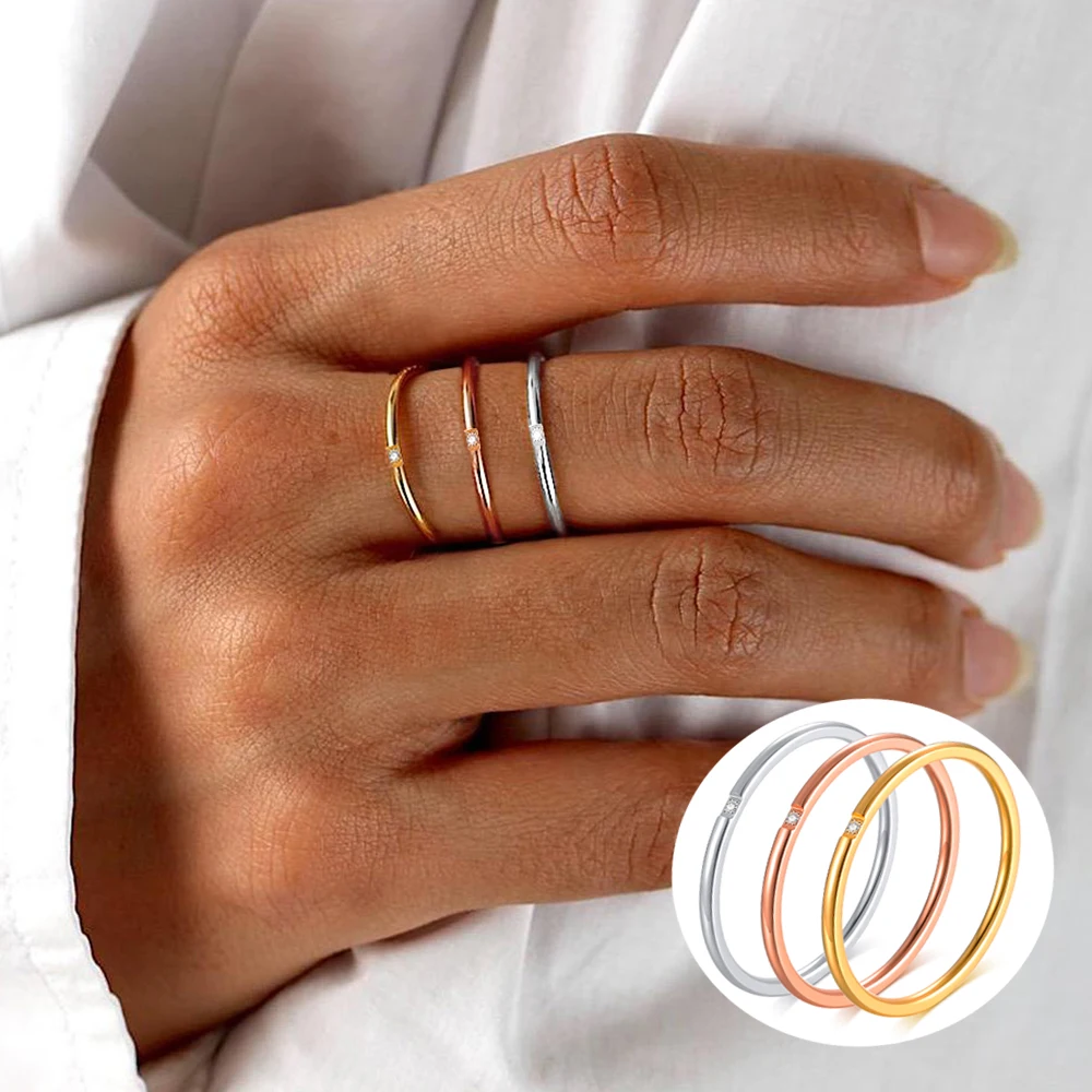 

Ultra Thin 1mm Stainless Steel Ring with Cubic Zirconia,Baguette Stacking Ring ,Minimalist Golden Wedding Brands Ring