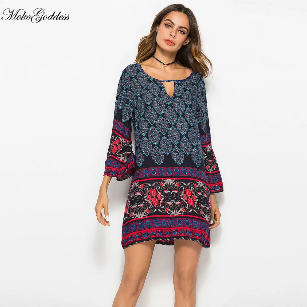 Женское мини-платье с принтом длинным рукавом и V-образным вырезом | Женская