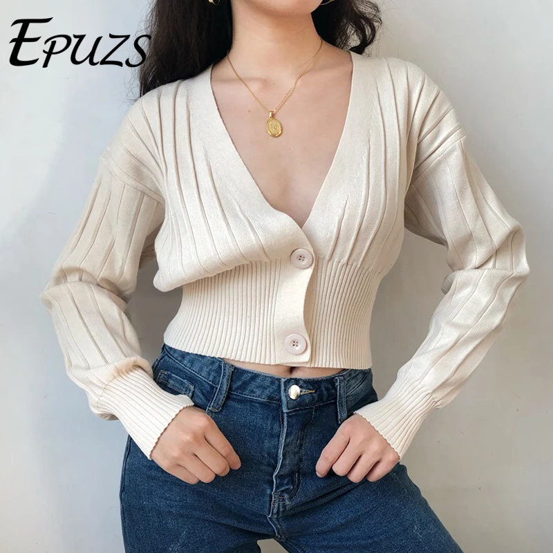 Кардиган женский укороченный с глубоким v-образным вырезом длинным рукавом |