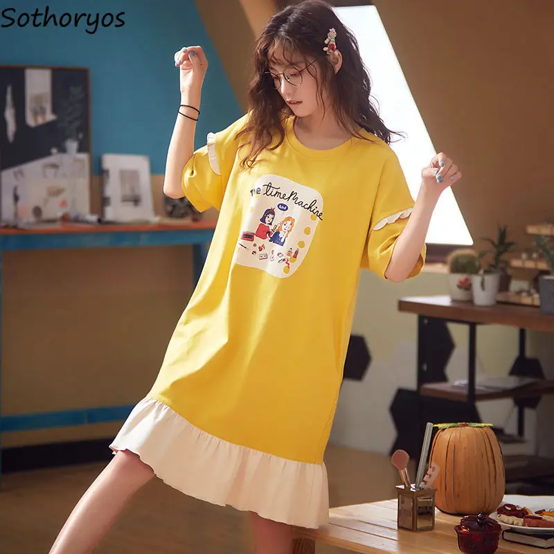 

Basic Cozy Nightgowns Women M-5XL Cozy Loose Printed O-neck Short Sleeve Lovely Girls Sleepshirts Knee-length Females Lounge Hot