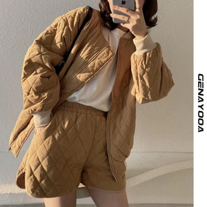 Женский спортивный костюм Genayooa, теплый стеганый костюм из двух предметов, уличная одежда, шорты, Осень-зима