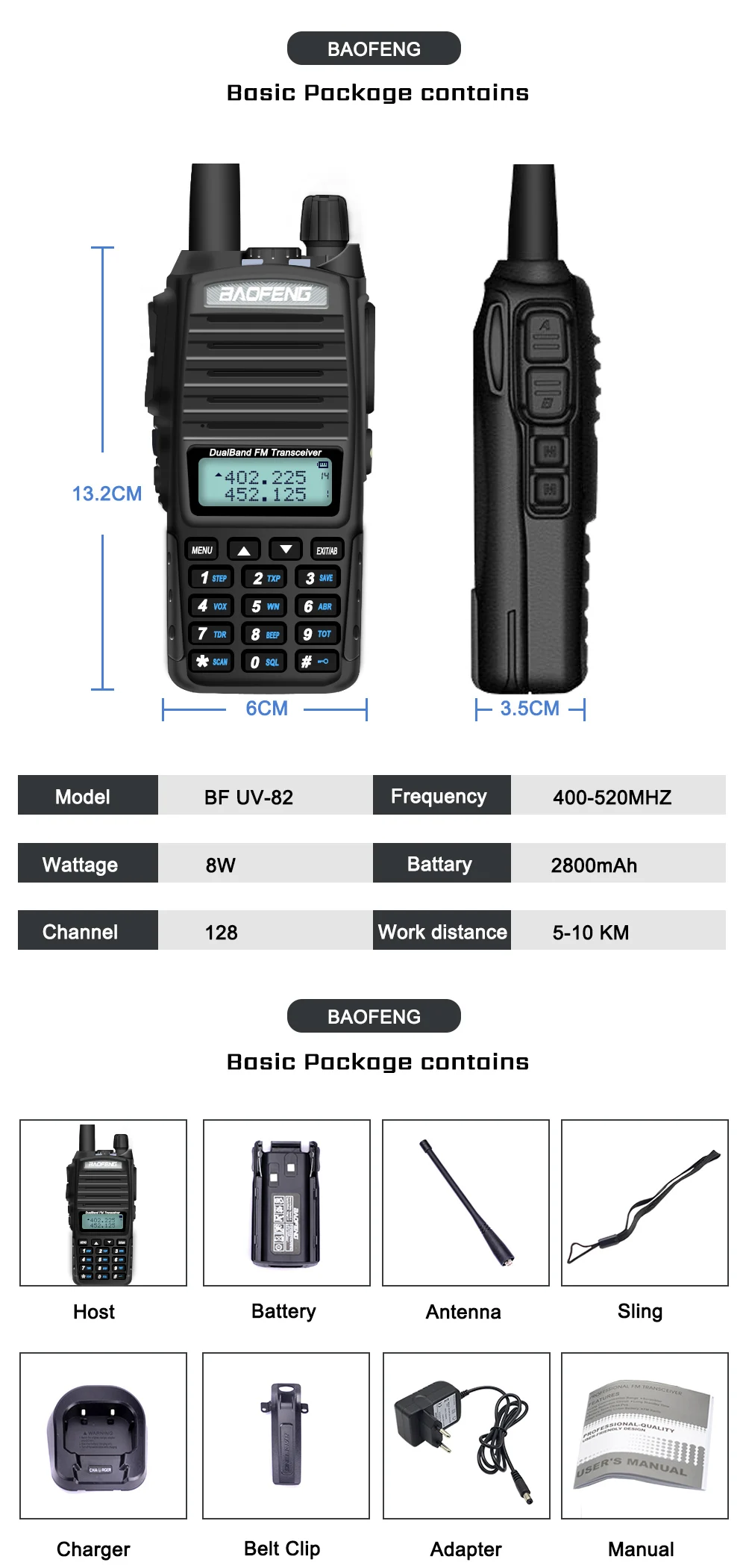 Baofeng UV-82 рация 8 Вт двойной PTT двухстороннее радио 2800 мАч Двухдиапазонный портативный 10 км приемопередатчик UV82 рация CB радио