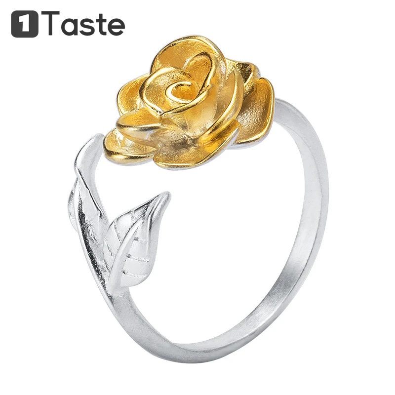 

ONE TASTE 925 Sterling Silver Rose Flower Ring For Women Double Color Electroplated Trendy Resizable Rings Fine Jewel Party Gift
