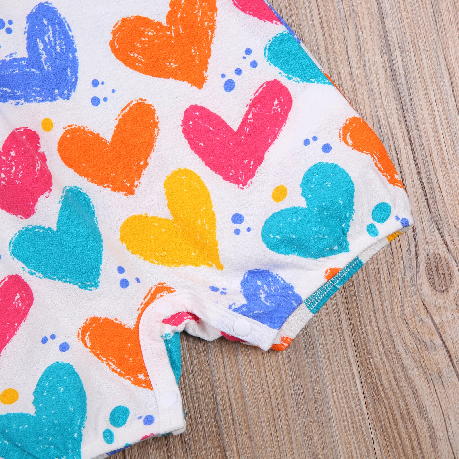 

Baby Girl's Sweet Lovely Colorful Heart Print Casual Jumpsuit, Round Neck Short Sleeve Lace Loose One-piece 2021 Summer Rompers