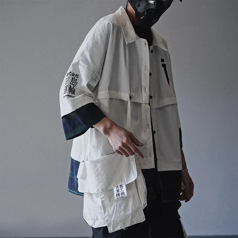 

Functional Multi Pockets Shirt Oversize Patchwork Hip Hop Streetwear Shirt male Vintage Shirts