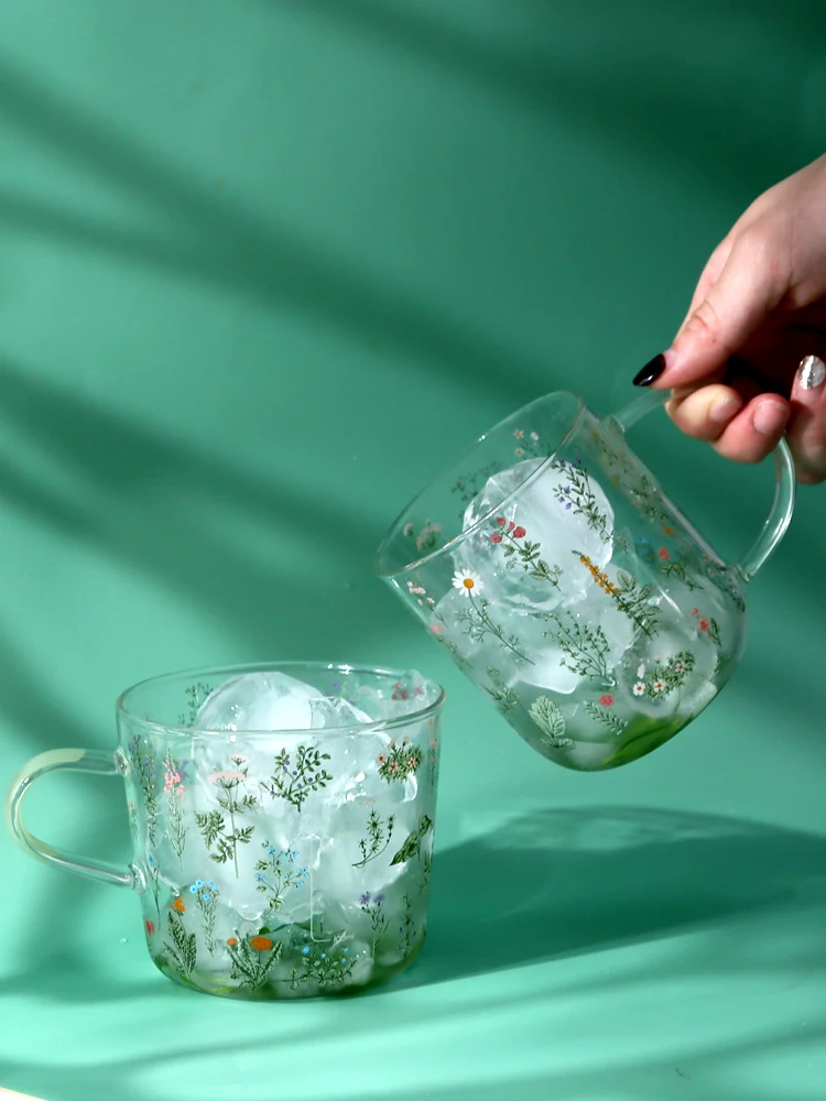 

Ins Simple Flower Glass Cup Small Breakfast Milk Cup Household Set Mugs Gift Cold Drink Cup Water Cup Vasos Kitchen Accessories