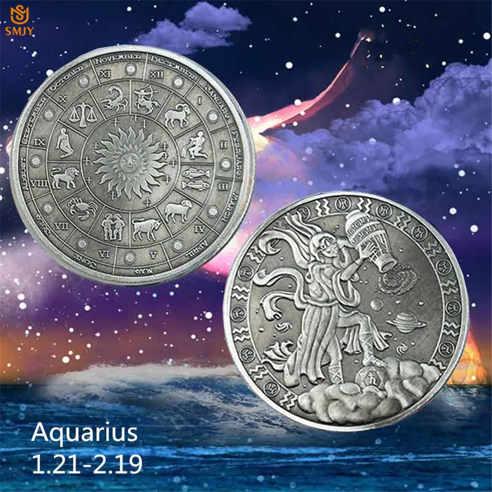 

12 Constellation Collection Gift Aquarius Embossed Symbol Antique Silver Lucky Coin Clloectibles Challenge Coin Value