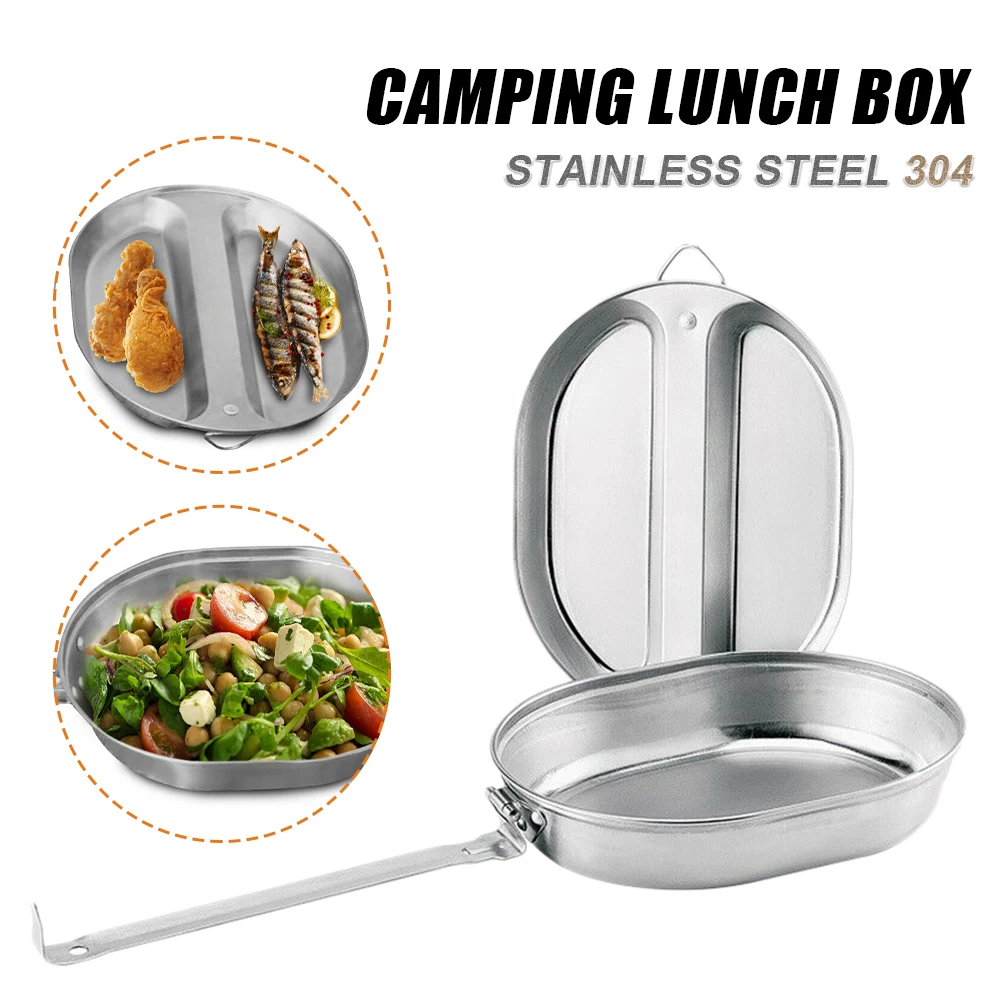 

2 In 1 Camping Frying Pan and Plate Stainless Steel Camping Mess Kit Foldable Handle Outdoor Camping Travel Cookware Accessories