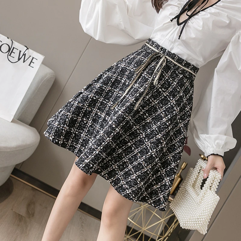Твидовая юбка цвета хаки Женская шерстяная мини-юбка в клетку бальная на