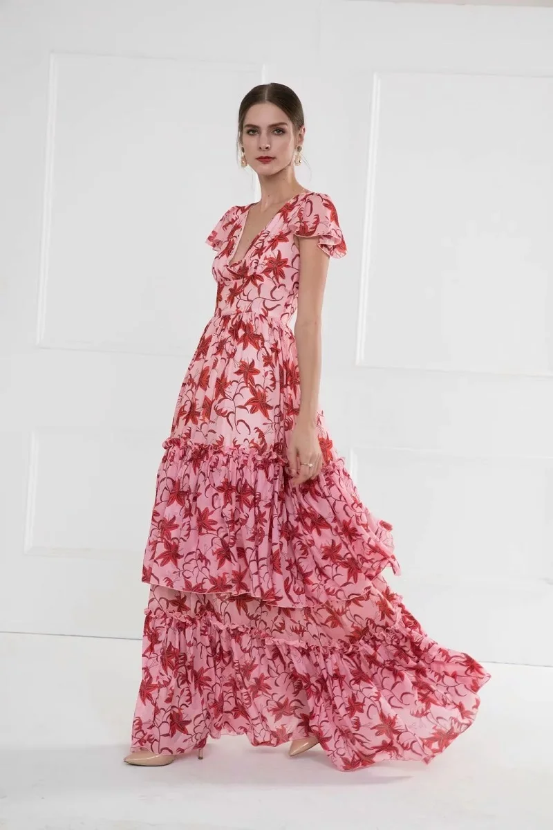 Женское длинное платье в пол богемное пляжное розовое макси с коротким рукавом и