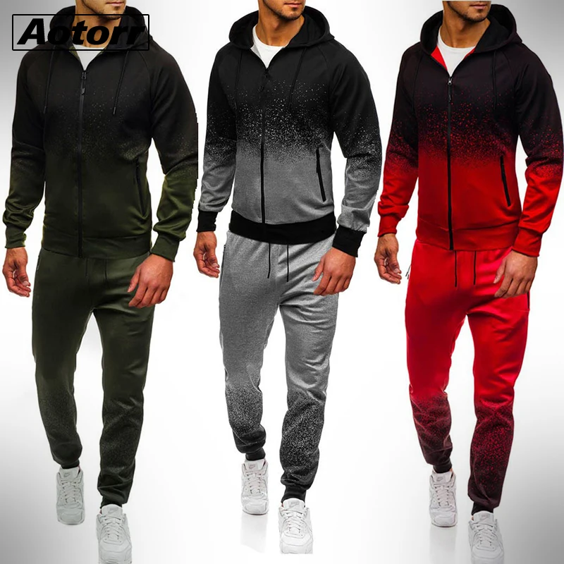 

New Casual Men Sets Clothing Mens Track Suit Sweatsuit Joggers Sets Sportswear Male Hooded Sweatshirt+Pant Zipper Two Piece Set