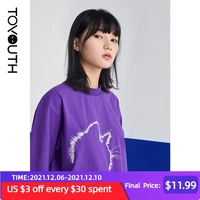 toyouth women tees 2021 summer short sleeve round neck loose t shirts cat embroidery print purple casual tops