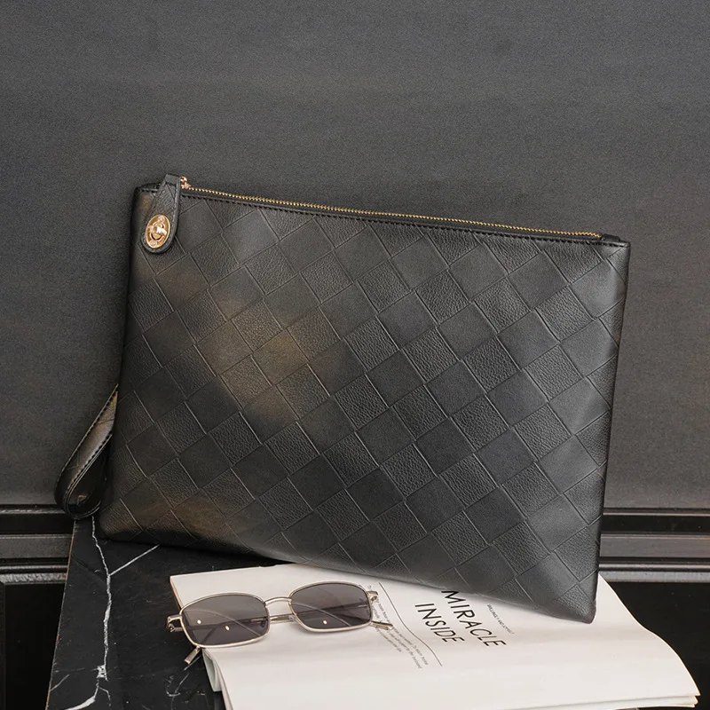 Men's Fashion Clutch Cowhide Woven Large Plaid Luxury Brand Design High Quality Leather Business Paper Bag