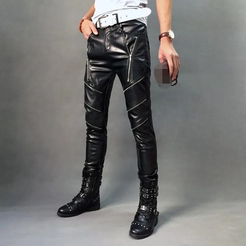 Мужские брюки из искусственной кожи обтягивающие мотоциклетные байкерские