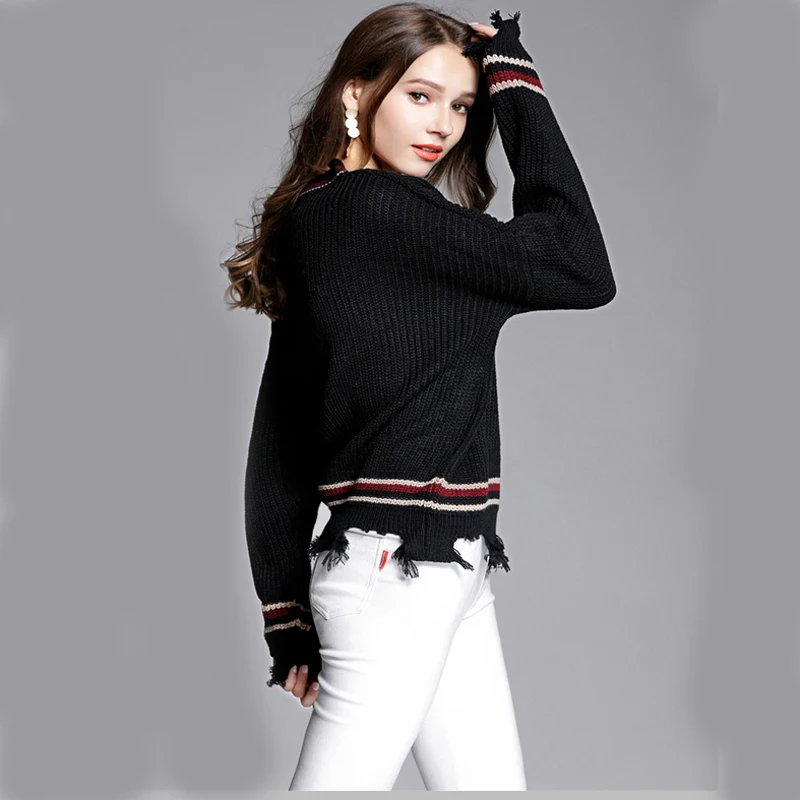 

Zoki Autumn and winter sweater women V-neck fashion fringed stripes irregular contrast color loose high-quality top
