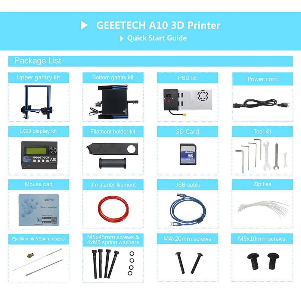 Geeetech A10 3d принтер алюминиевый DIY комплект I3 Высокоточный ЧПУ Быстрый самособранный настольный 3d принтер большой размер 220*220*260 мм