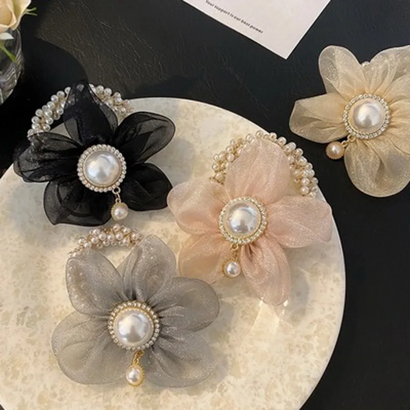 

2021 Elegant Organza Flower Hair Ties For Women Pearl Hair Rubber Bands Girl Elastic Rope Scrunchie Ponytail Holder Accessories