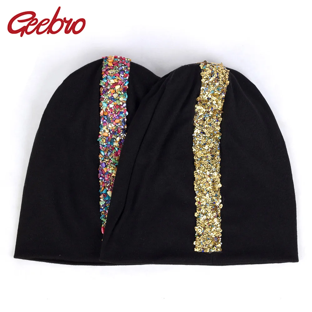 

Geebro Colorful Stones Gold Sequins Applique Beanies Winter Warm Hats For Women Fashion Female Cotton Hats Slouchy Caps DZ936