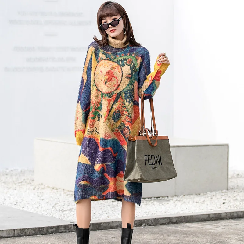 Женская трикотажная юбка с воротником-хомутом свободная Теплая юбка-пуловер в