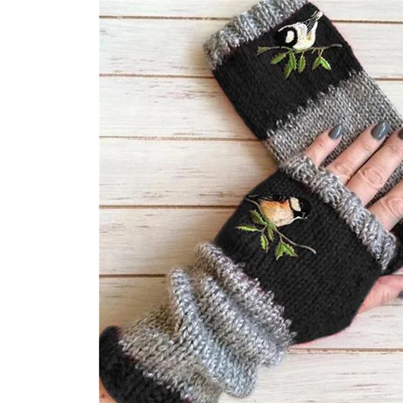 

7 Colors Birds Embroidery Fingerless Thick Splice Gloves Soft Womens Winter Riding Chauffeur Knitted Rekawiczki