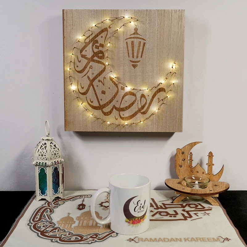 Zerolife EID Mubarak Свеча Светодиодная подсветка Луна деревянная Настенная Наклейка