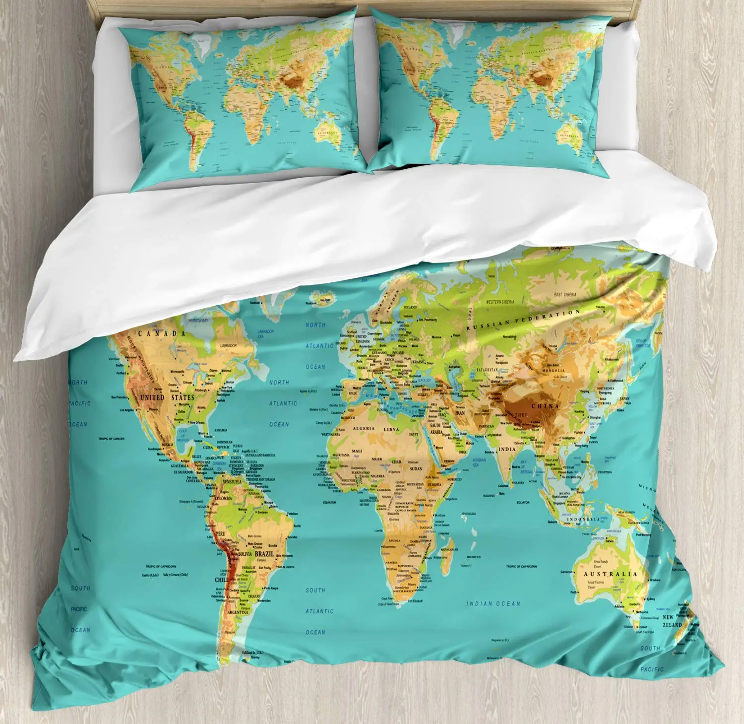 Map Duvet Cover Set Map of The World Geography Continents and Countries Physical Cartography Image Decorative 3 Piece Bedding
