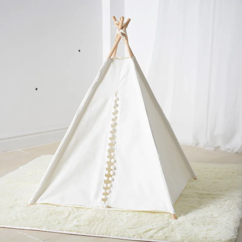 

White Canvas Pom Pom Dog Teepee Pet Bed Cat Teepee Tent Dog Tent 24" Without Mat