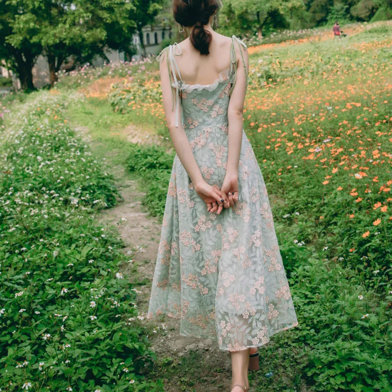 PERHAPS U зеленое Сетчатое кружевное платье с цветочным принтом на бретельках без