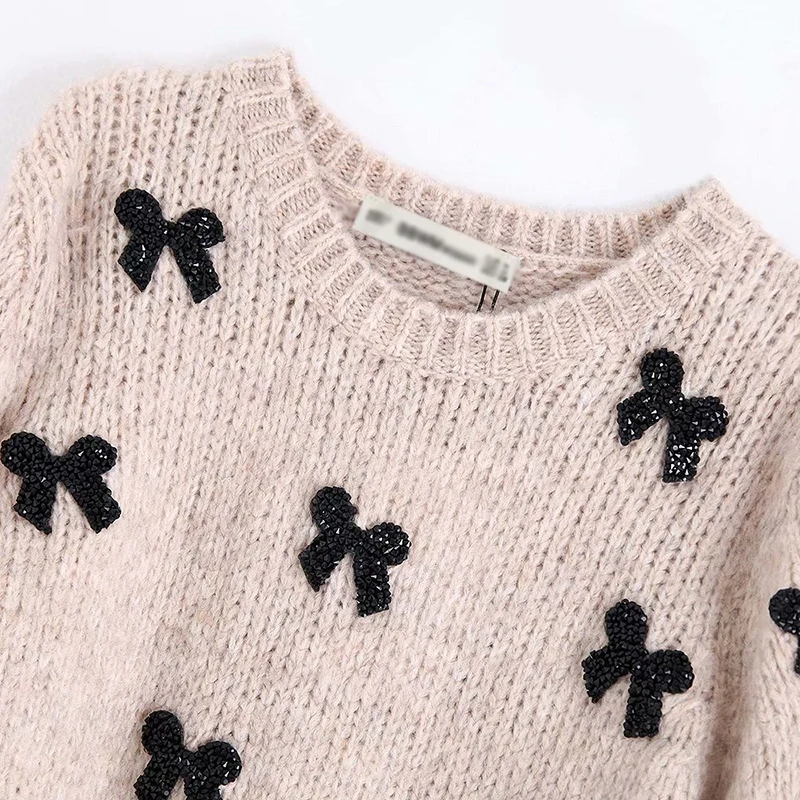 Женские милые вязаные свитера с бисером и галстуком бабочкой тянущиеся пуловеры