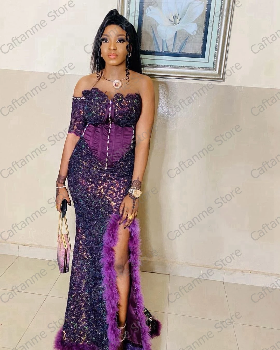 Charming Purple One Sleeve Strapless Long Prom Gowns Women Luxury Lace Appliques Side High Slipt With Feathers Party Dresses