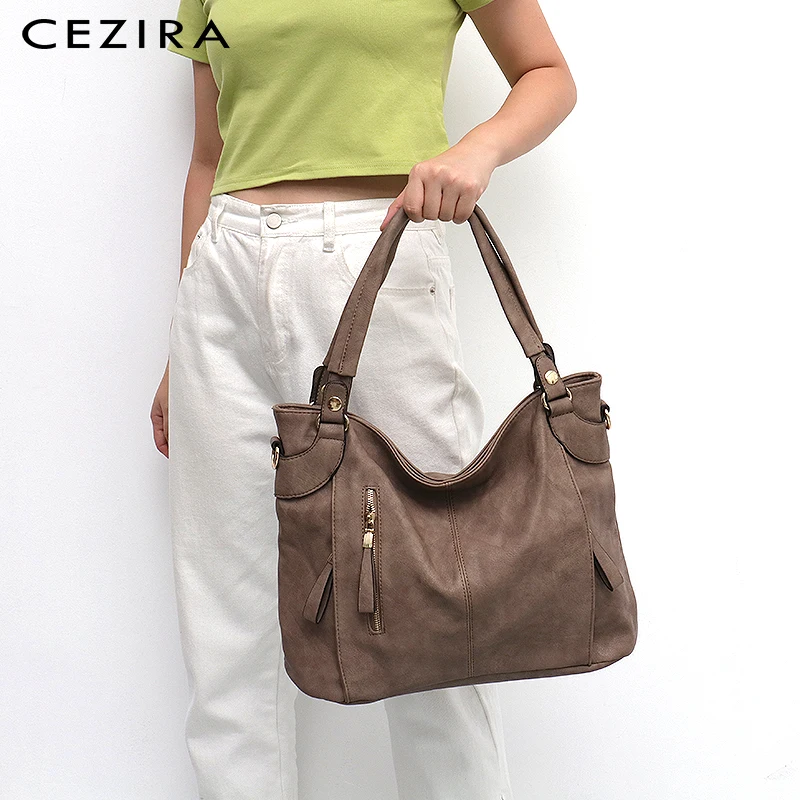 CEZIRA, роскошная сумка-хобо из искусственной кожи для женщин, модный дизайн, карманы на молнии, сумочка, Дамская большая Повседневная Сумка-тоут, сумки на плечо, женская сумка через плечо