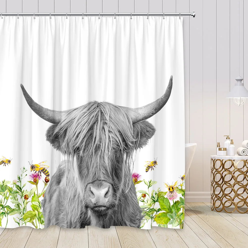 

Забавная занавеска для душа Highland из коровьей ткани для ванной комнаты с изображением быка крупного рогатого скота и цветов в рустикальном стиле