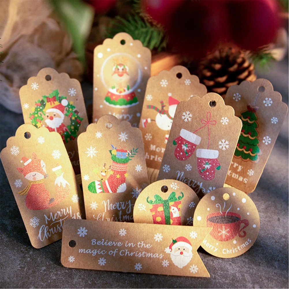 

50CPS Paper Hanging Labels Christmas Kraft Paper Tags with Twine String Tie Christmas Tree Gift Packing Pre-Punched Tag