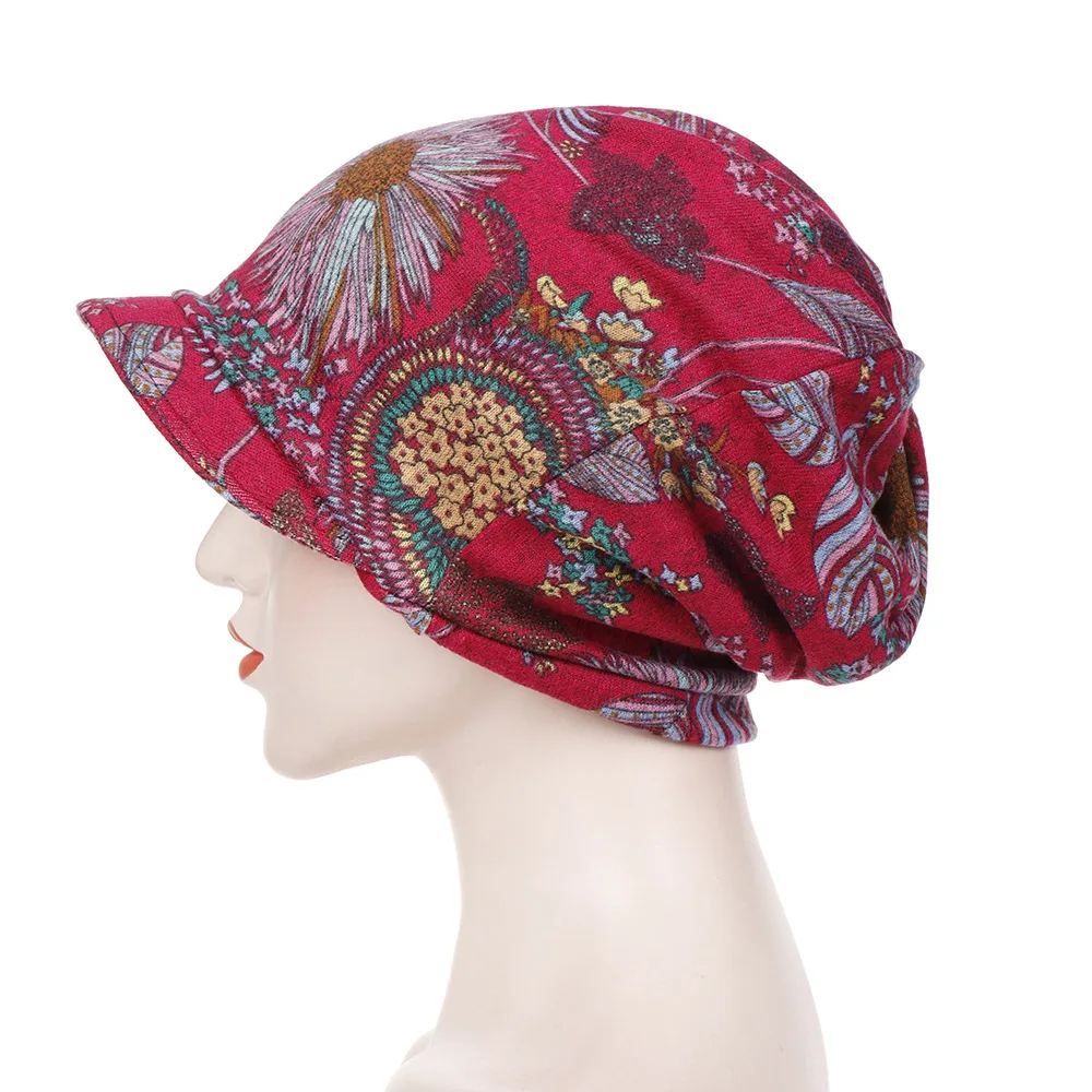 Fashion female hat with brim Floral Muslim Turban For Women Cotton Arab Indian hat Underscarf Caps Turbante Mujer chemo hat images - 6